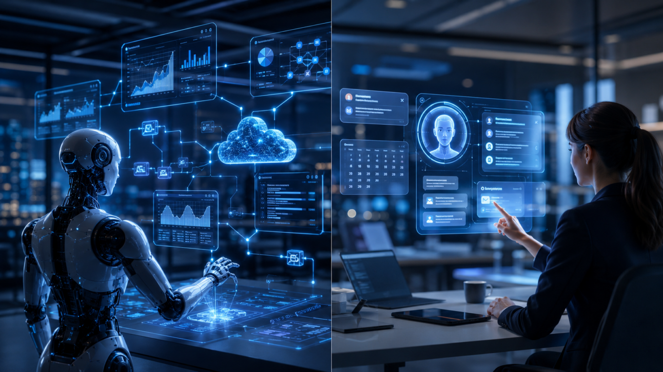 Futuristic comparison between AI agents and AI assistants showing autonomous AI systems, digital assistants, workflow automation, and artificial intelligence technology in 2026
