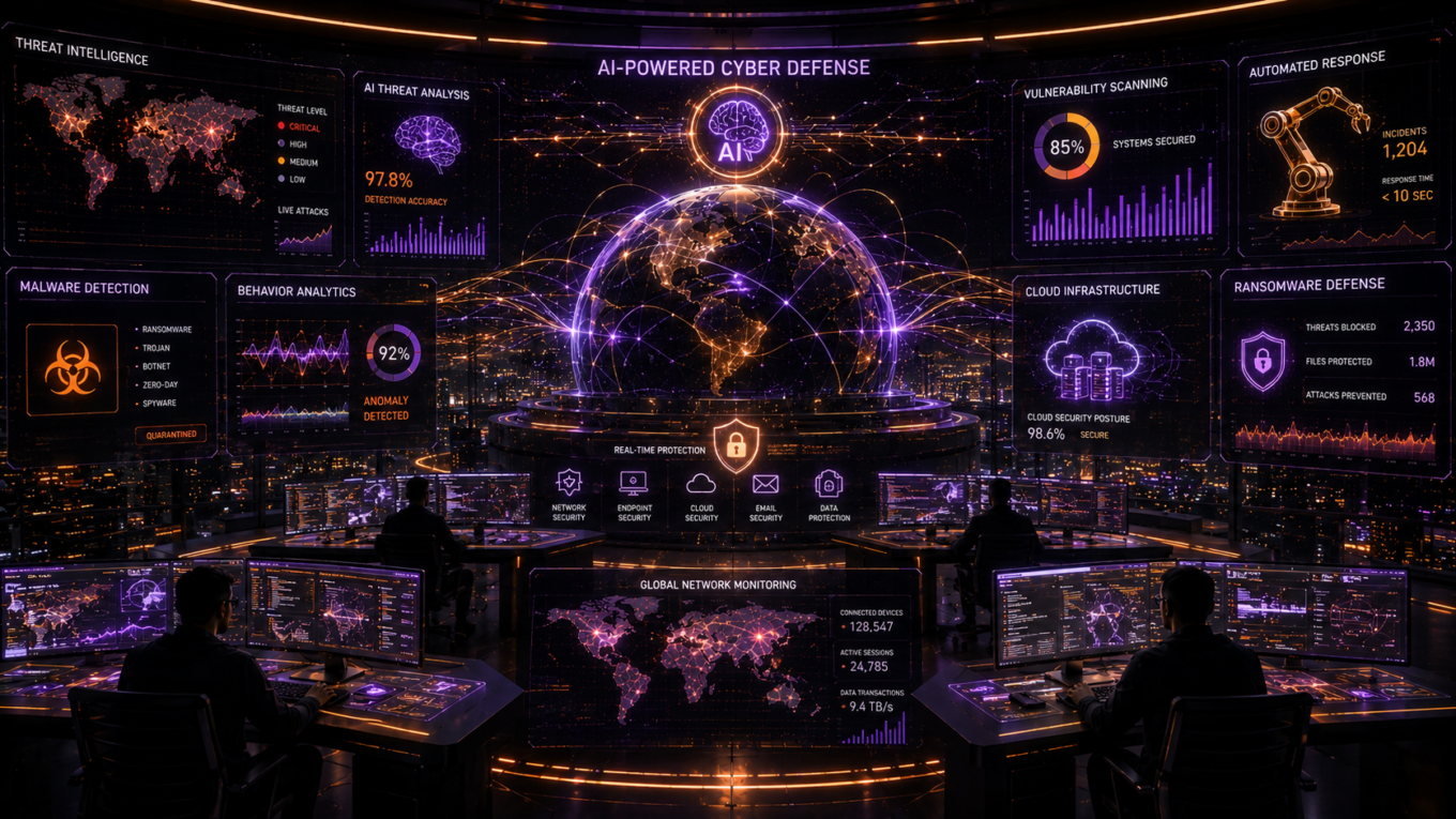 Artificial intelligence detecting cyber attacks through behavioral analytics, threat intelligence monitoring, automated incident response, and machine learning security systems