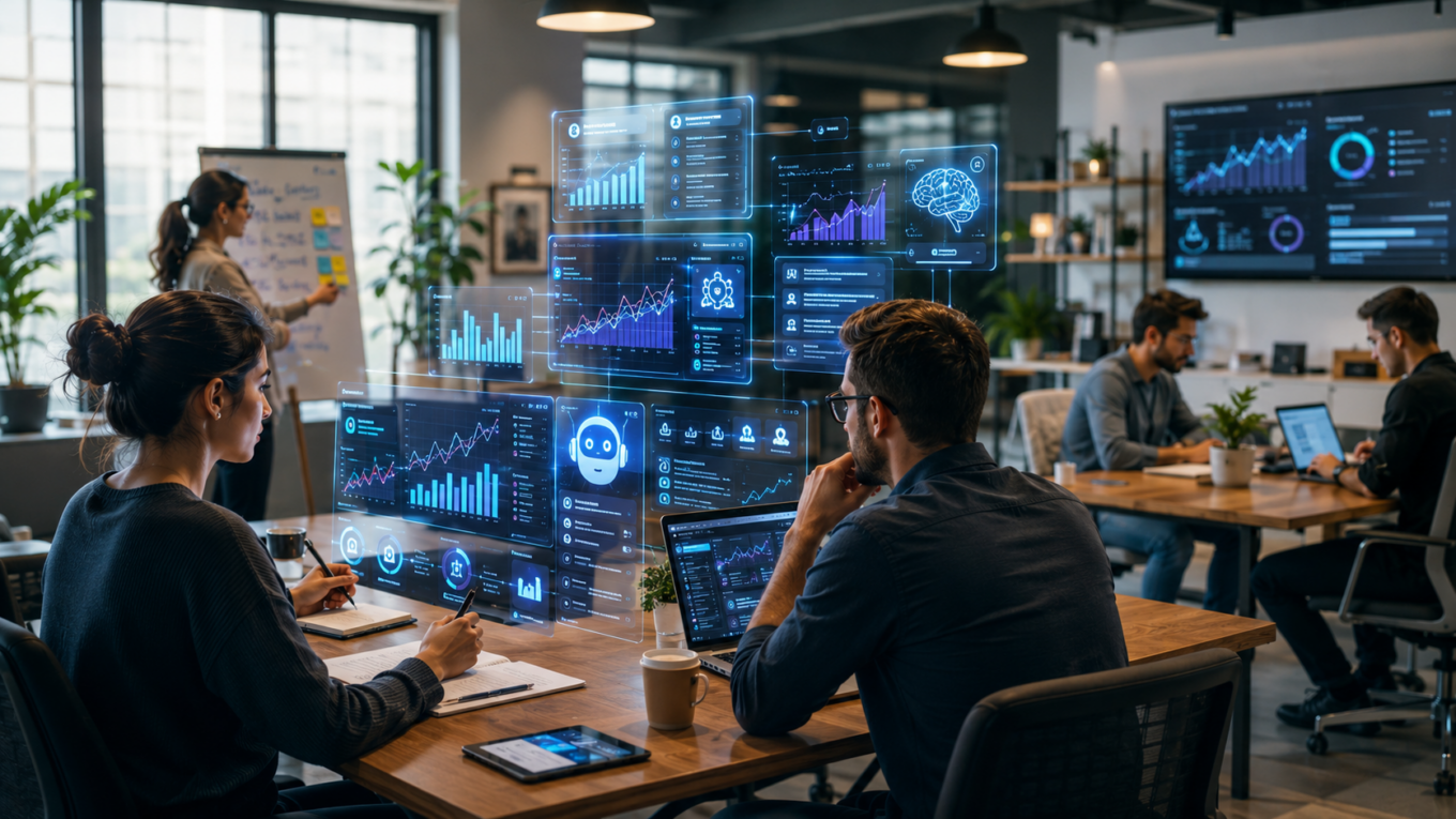 Small business owner using artificial intelligence tools for automation, customer service, marketing, and business growth in 2026