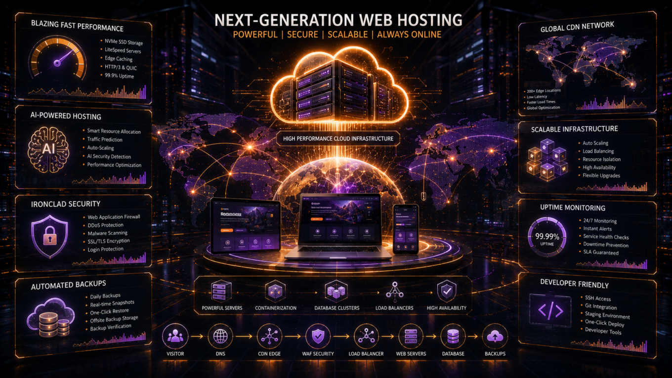 Modern web hosting infrastructure featuring cloud servers, website security, high-speed hosting performance, AI-powered management tools, and scalable hosting technology