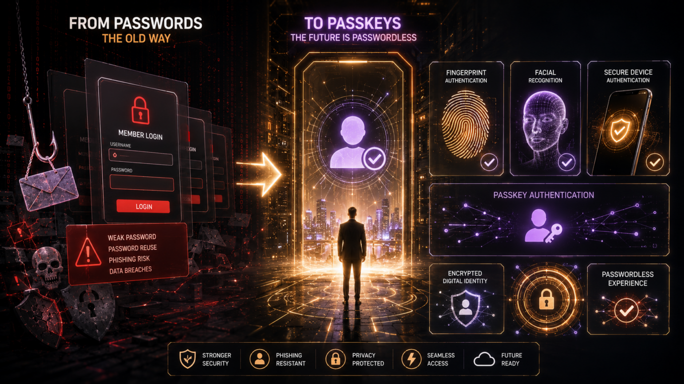 Passkeys replacing traditional passwords with biometric authentication, facial recognition, fingerprint login, and passwordless security technology in 2026