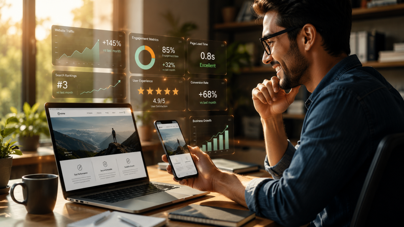 Website visitor experiencing fast page loading while search rankings and user engagement metrics improve due to website speed optimization
