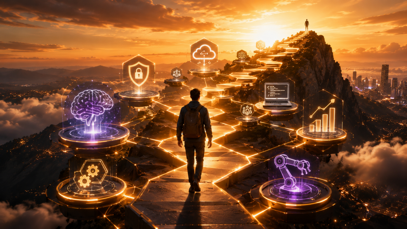 Technology professional advancing through a career pathway featuring artificial intelligence, cybersecurity, cloud computing, software development, and data analytics skills