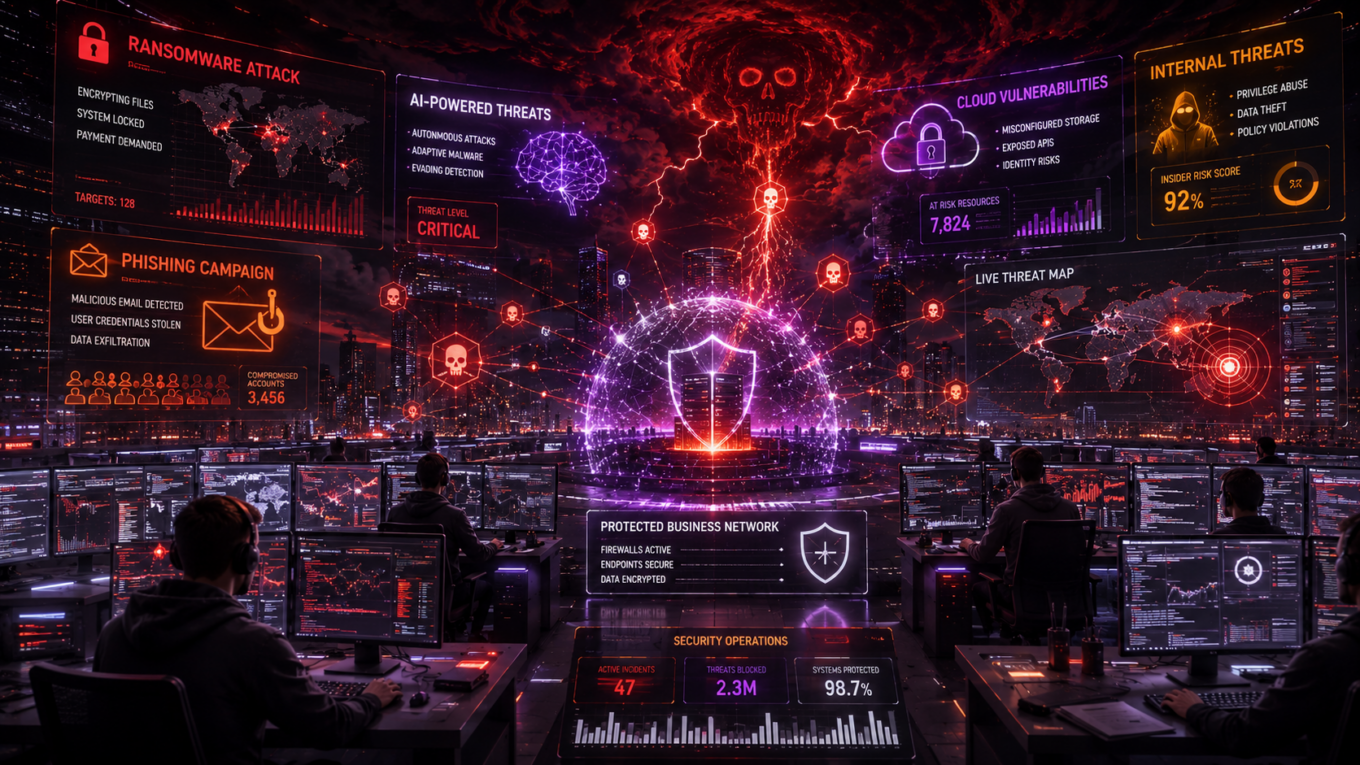Cybersecurity threats in 2026 including ransomware attacks, phishing scams, AI-powered cybercrime, data breaches, and cloud security risks targeting businesses