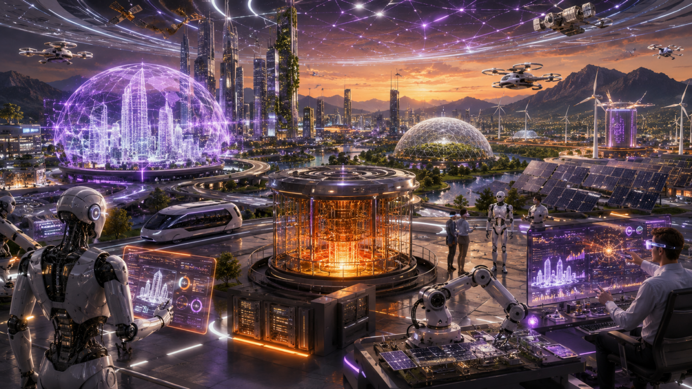 Collage of emerging technologies in 2026 including artificial intelligence, quantum computing, robotics, digital twins, smart cities, and advanced connectivity